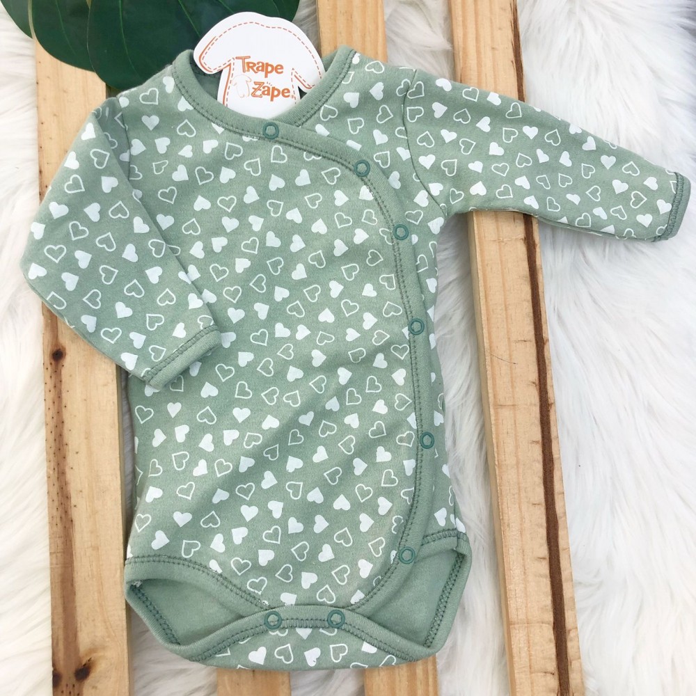Body kimono Manga Longa - Verde com coracoes