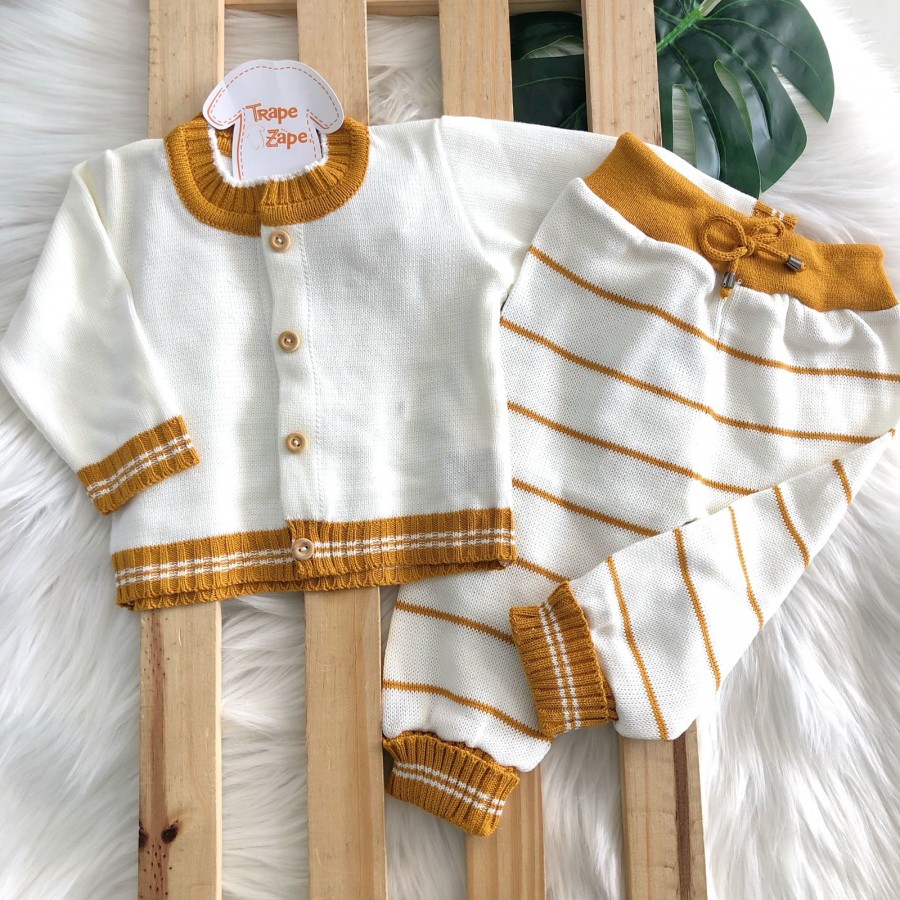  Conj de linha  com viés mostarda calça listrada