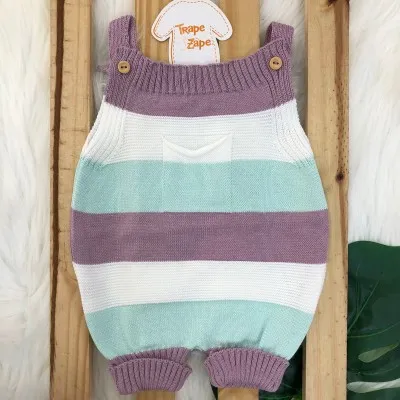 Jardineira Curta-Bolso e Listras Grossas branco, lilas e verde água