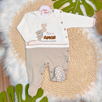 Macacão Trape Zape - Sou o amor da mamae e do papai off e bege