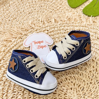 Tenis cano alto com cadarço- Jeans AZUL com estrela marrom
