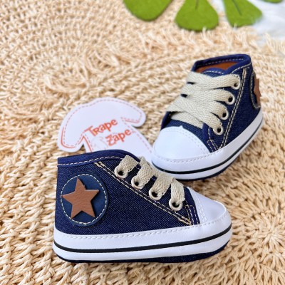 Tenis cano alto com cadarço- Jeans AZUL com estrela marrom