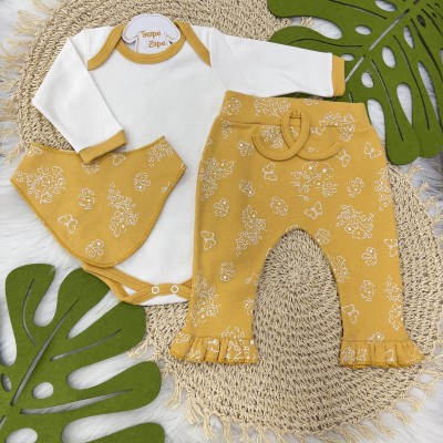 conjBody, Calça e bandana - borboleta e flor mostarda