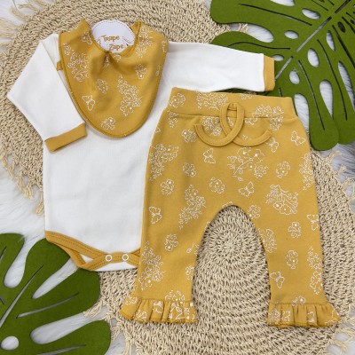 conjBody, Calça e bandana - borboleta e flor mostarda