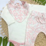 Conjunto Body, Calça e babador bandana- Off, rosa e prata florido novo