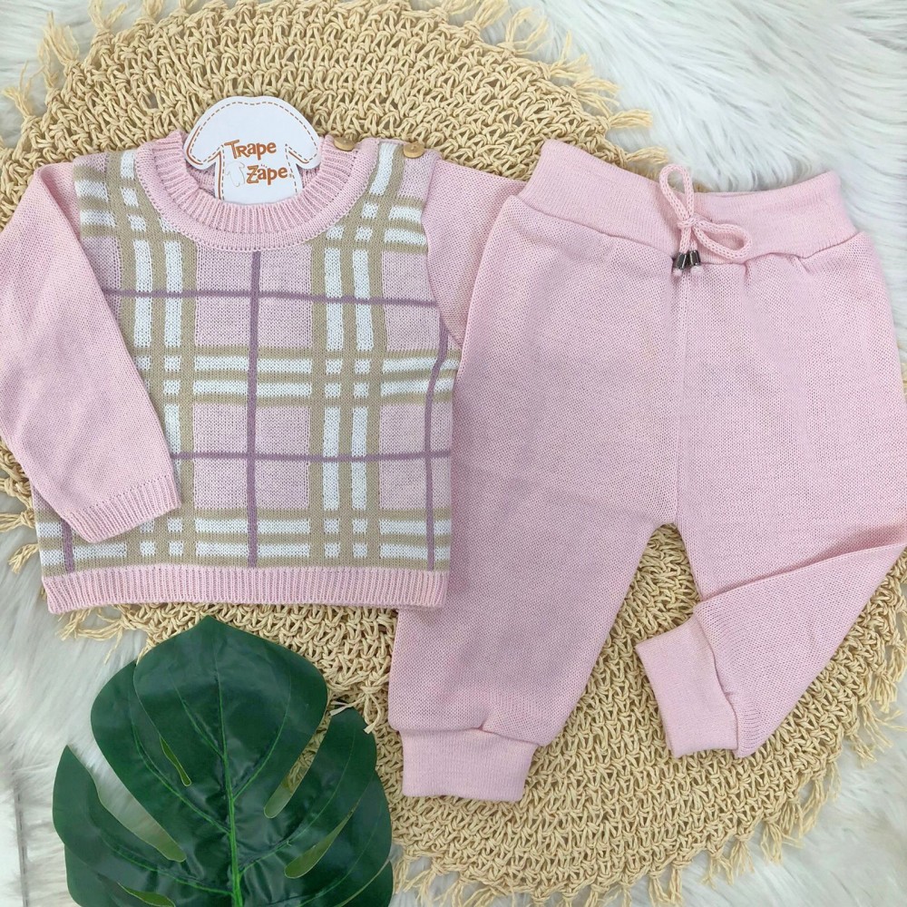 Kit Para Carrinho Bebe Xadrez Lilás