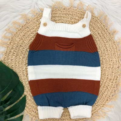 Jardineira Curta de Linha - Bolsinho e Listras Grossas Ferrugem e Azul jeans