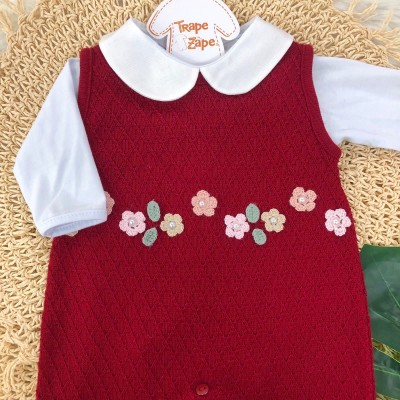  Macacão de Linha Isis - Flor Crochê Vermelho