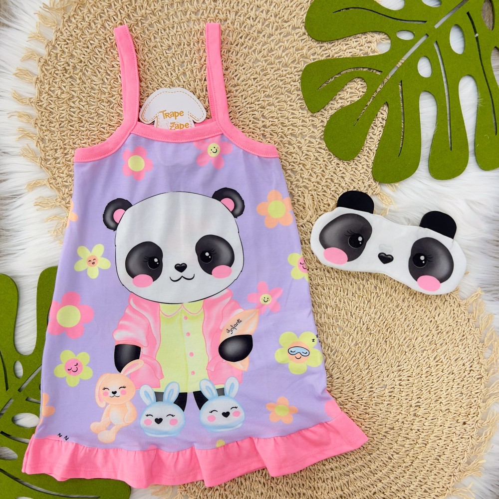 Pijama Camisola e Tapa Olho Pandinha - Lilás e Rosa 