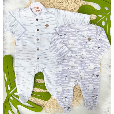 Kit 2 Macacões de Malha Liso com Botão e Estampado com Zíper Urso Polar- Branco e Cinza
