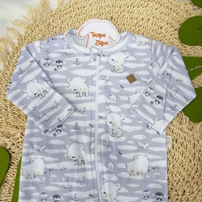 Kit 2 Macacões de Malha Liso com Botão e Estampado com Zíper Urso Polar- Branco e Cinza