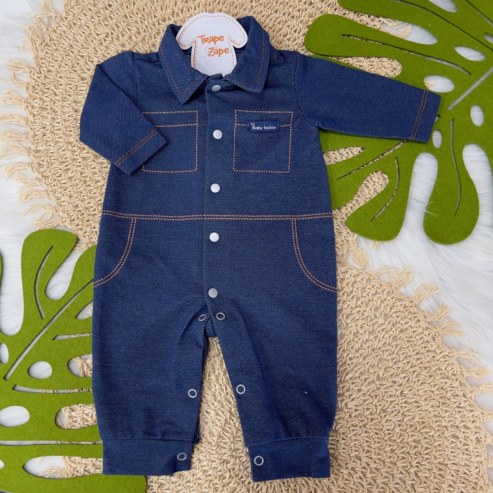 Macacão Baby Fashion- Azul Jeans com Gola Polo