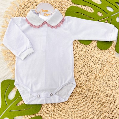 Body gola bordada- branco com grypir rose