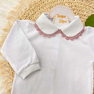 Body gola bordada- branco com grypir rose
