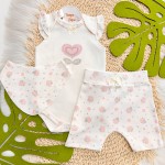 Conj. Body Regata Flor de Coração, Babador Bandana e Short Floral - Off White e Rosa