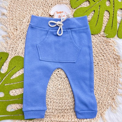 Conj. Body Manga Curta Listrado Cachorrinho e Calça - Azul Bic e Mostarda com Off White