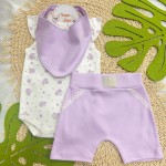 Conj. Body Regata Flores, Babador Bandana e Short - Off White e Lilás