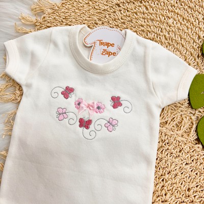 Conj. Body Manga Curta Borboletas Bordadas e Calça Flores - Off White e Rosa