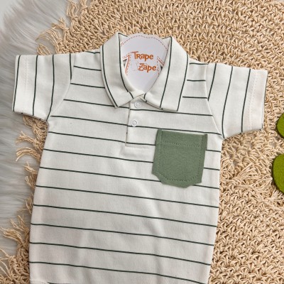 Conj. Body Manga Curta polo  Listrada e Calça Ursinho - Verde