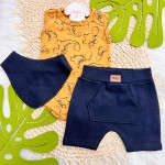 Conj. Body Regata Dino, Shorts e Babador Bandana - Ferrugem e Preto