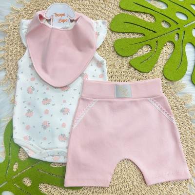 31/5 Conj. Body Regata Flores, Babador Bandana e Short - Off White e Rosa