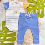 Conj. Body Manga Curta Listrado Cachorrinho e Calça - Azul Jeans e Mostarda com Off White