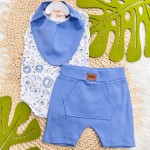 Conj. Body Regata Bichinhos, Shorts e Babador Bandana - Azul Jeans e Branco