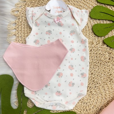 31/5 Conj. Body Regata Flores, Babador Bandana e Short - Off White e Rosa