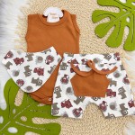 Conj. Body Regata, Shorts e Babador Bandana Safari - Ferrugem e Off White