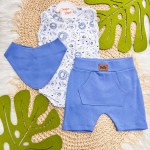 Conj. Body Regata Bichinhos, Shorts e Babador Bandana - Azul Jeans e Branco