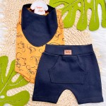 Conj. Body Regata Dino, Shorts e Babador Bandana - Ferrugem e Preto