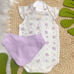 Conj. Body Regata Flores, Babador Bandana e Short - Off White e Lilás