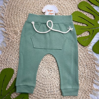 Conj. Body Manga Curta Listrado Cachorrinho e Calça - Verde e Ferrugem com Off White