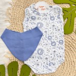 Conj. Body Regata Bichinhos, Shorts e Babador Bandana - Azul Jeans e Branco