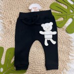 Conj. Body Manga Curta Listrada e Calça Ursinho - Preto e Off White