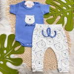 Conj. Body Manga Curta Bear e Calça - Off White e Azul Jeans