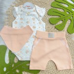 Conj. Body Regata Flores, Babador Bandana e Short - Off White e Salmão