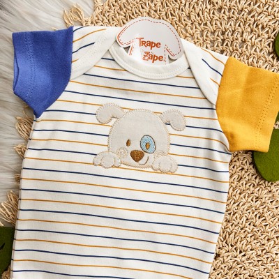Conj. Body Manga Curta Listrado Cachorrinho e Calça - Azul Bic e Mostarda com Off White