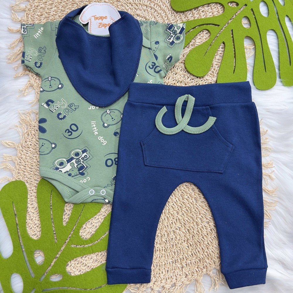 Conj. Body M/C,Calça e Babador Bandana Cool Car com Bichinhos - Verde e Marinho