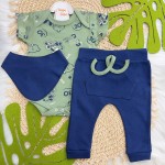 Conj. Body M/C,Calça e Babador Bandana Cool Car com Bichinhos - Verde e Marinho