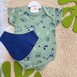 Conj. Body M/C,Calça e Babador Bandana Cool Car com Bichinhos - Verde e Marinho