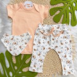 Conj. Body Manga Curta, Calça Flare e Babador Bandana Floral Grande - Salmão e Off White