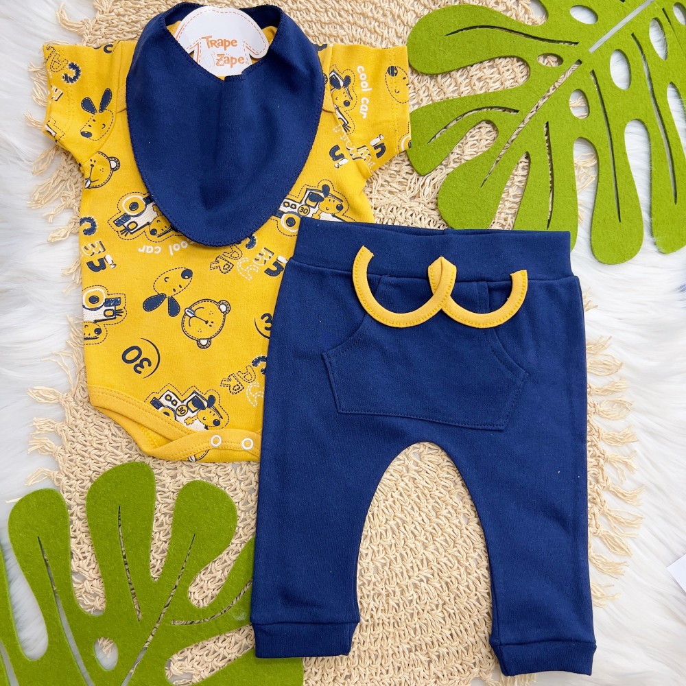 Conj. Body M/C,Calça e Babador Bandana Cool Car com Bichinhos - Marinho e Mostarda