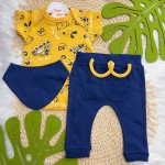 Conj. Body M/C,Calça e Babador Bandana Cool Car com Bichinhos - Marinho e Mostarda