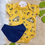 Conj. Body M/C,Calça e Babador Bandana Cool Car com Bichinhos - Marinho e Mostarda