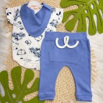 Conj. Body M/C,Calça e Babador Bandana Cool Car com Bichinhos - Off White e Azul Bic