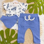 Conj. Body M/C,Calça e Babador Bandana Cool Car com Bichinhos - Off White e Azul Bic