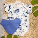 Conj. Body M/C,Calça e Babador Bandana Cool Car com Bichinhos - Off White e Azul Bic