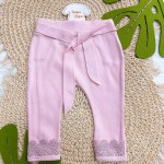 Conj. Body Curto Gola Rendada e Calça Lisa com Renda - Rose