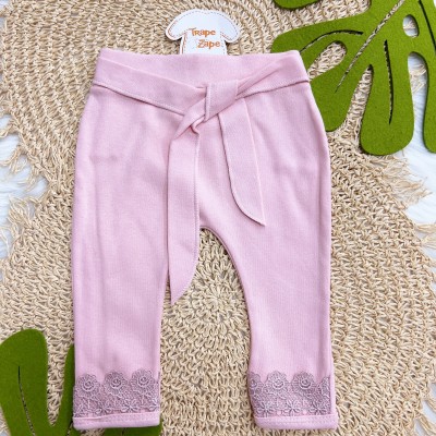 Conj. Body Curto Gola Rendada e Calça Lisa com Renda - Rose